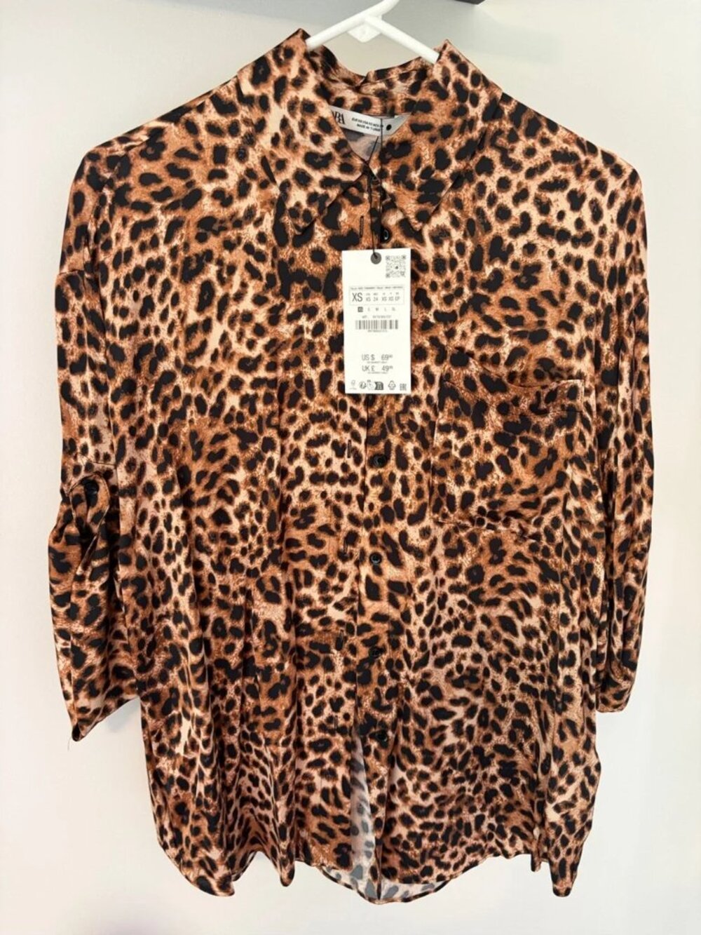 Zara Fluid Leopard Animal Print Button Down Blouse Shirt XS